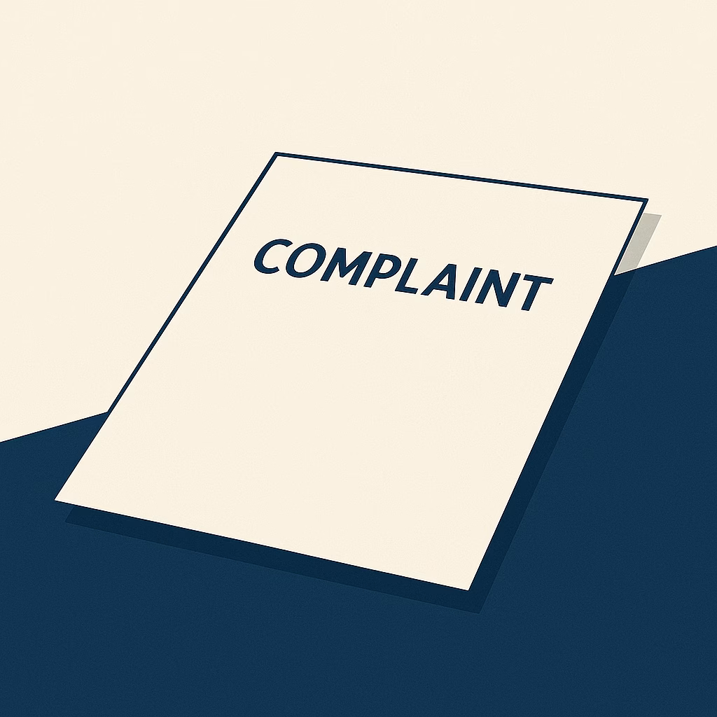 Minimalist illustration of a legal complaint document on a navy and beige background