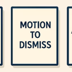 Minimalist illustration showing three legal pleading terms: Answer, Motion to Dismiss, and Affirmative Defenses