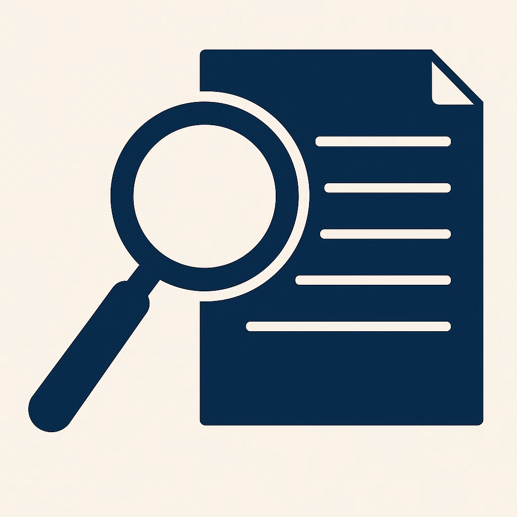 Icon-style illustration of a navy magnifying glass examining a legal document, representing the discovery phase in litigation.