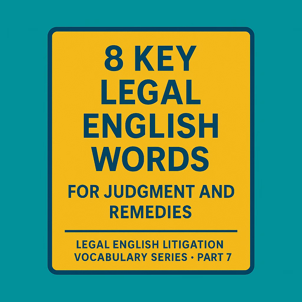 Flat design graphic with yellow-orange sign featuring the title “8 Key Legal English Words for Judgment and Remedies” on a teal background, part of a legal vocabulary blog series.