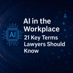Abstract digital artwork of AI in the workplace with metallic structures and glowing network patterns, symbolizing automation and workforce change